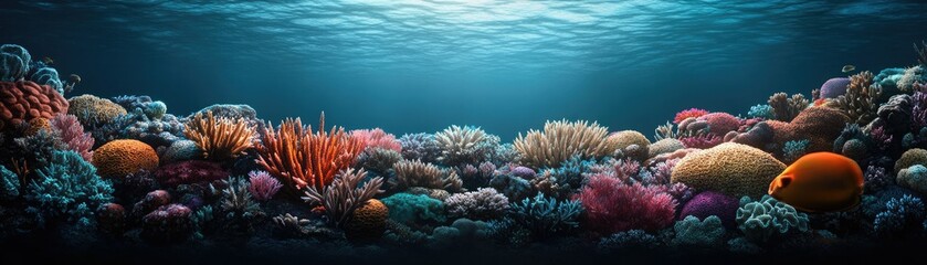 Obraz premium A vibrant underwater scene showcasing colorful corals and marine life in a serene ocean environment.