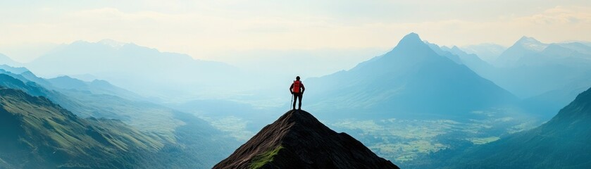Obraz premium A lone hiker stands triumphantly on a mountain peak, surrounded by breathtaking valleys and distant peaks under a clear sky.