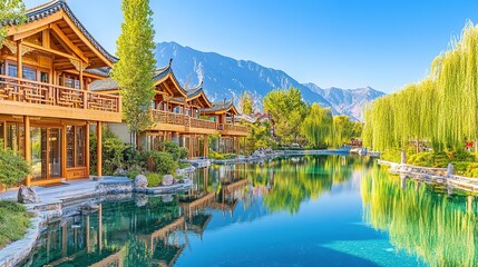 Naklejka premium On a sunny and beautiful day, the morning sun bathes the light green mountains in golden rays, highlighting the lush trees and the clear water of the serene lake. 