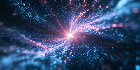 A futuristic, abstract image showing a burst of light particles and energy waves radiating from a central point