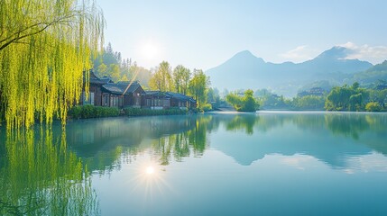 Fototapeta premium On a sunny and beautiful day, the morning sun bathes the light green mountains in golden rays, highlighting the lush trees and the clear water of the serene lake. 