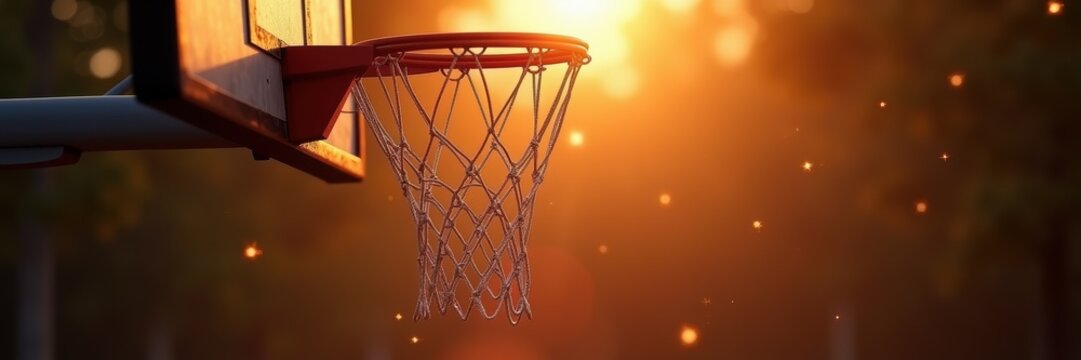 A beautifully lit basketball hoop against a sunset backdrop, capturing the essence of sports, recreation, and outdoor activities. - Powered by Adobe