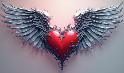 A striking design featuring a red heart with intricate patterns and silver wings, symbolizing love and freedom, perfect for romantic and inspirational themes.