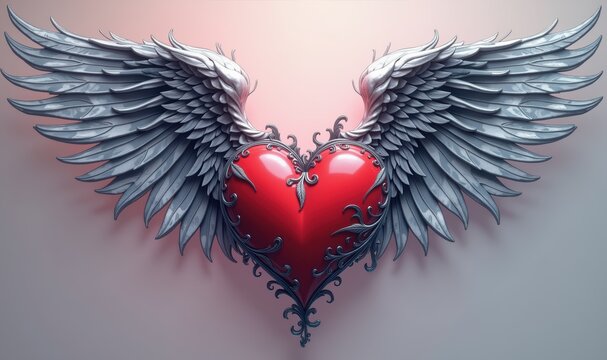 A striking design featuring a red heart with intricate patterns and silver wings, symbolizing love and freedom, perfect for romantic and inspirational themes.