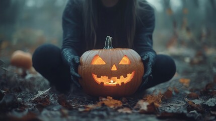 Child holding a carved pumpkin in a misty autumn setting.