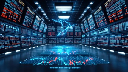 Obraz premium Thunderstorm Over Trading Floor with Data Displays