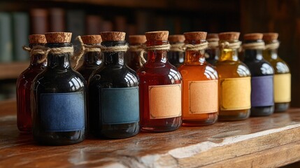 Colorful glass bottles filled with assorted syrups on a wooden surface.