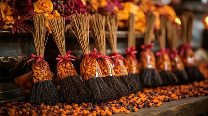 Colorful decorative broomsticks with spices and flowers for festive occasions.