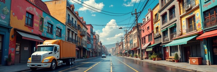 Fototapeta premium A vibrant urban street scene showcasing colorful buildings and a delivery truck, perfect for articles about city life, logistics, or local businesses.