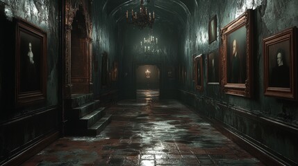 Fototapeta premium Dark hallway with vintage portraits, intricate details, and moody lighting.
