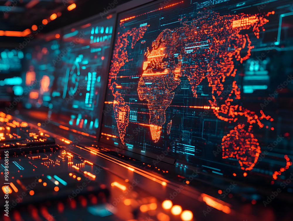 Poster futuristic interface featuring a glowing world map and data visualizations on screens.