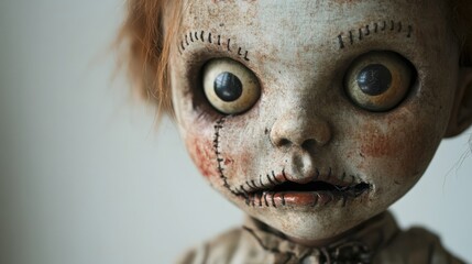 Haunting vintage doll with stitched features and expressive eyes on a white background.