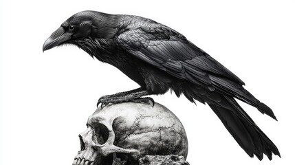 Raven perched on a skull, dramatic black and white composition, white isolate background.