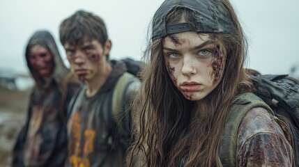 Survivors in a post-apocalyptic setting with weathered appearances and backpacks.
