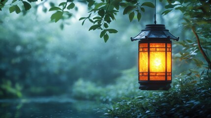 Traditional lantern glowing in a serene natural setting, surrounded by lush greenery.