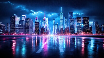 Thunderstorm Over Deserted Financial District at Night