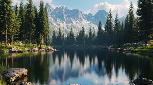 serene mountain lake and forest landscape with reflections in water - tranquil nature scene