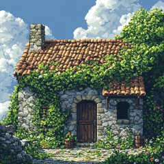 Fototapeta premium Pixel art of a rustic countryside house surrounded by nature