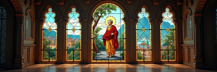 Naklejka premium A stunning stained glass window depicting a serene figure, blending spirituality with artistic beauty, perfect for religious or cultural themes.