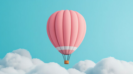 Obraz premium A beautiful pink hot air balloon soaring above fluffy white clouds against a bright blue sky, evoking feelings of adventure and freedom.