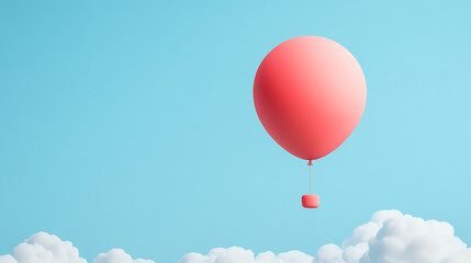 Fototapeta premium A vibrant pink balloon floating high in a clear blue sky above soft white clouds, evoking a sense of joy and freedom in a picturesque landscape.