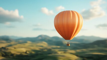 Fototapeta premium A vibrant orange hot air balloon gently floats over lush green hills under a clear blue sky, capturing the essence of peaceful adventure.