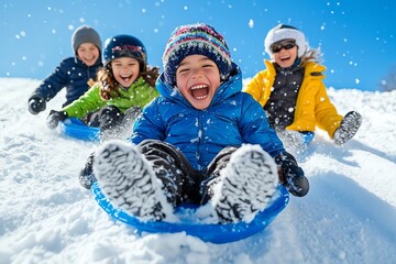 A family sledding down a snowy hill, laughing and enjoying the thrill of winter fun together