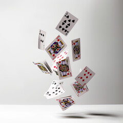 Mid-Air Playing Cards Suspended in Motion, Highlighting Suits and Numbers on White