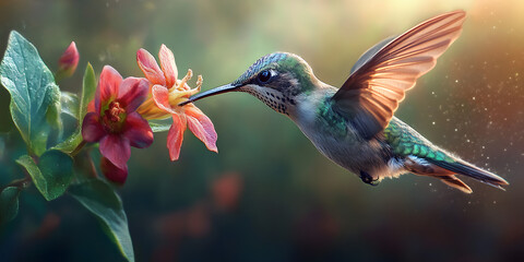 Fototapeta premium Vibrant Hummingbird Near Pink Flower