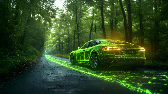 A futuristic electric car with glowing trails in a lush green forest setting.