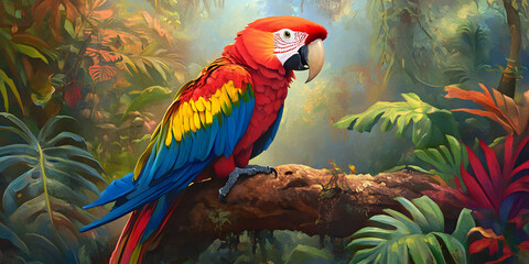 Fototapeta premium Vibrant parrot perched in lush forest
