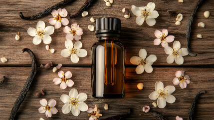 Aesthetic flat lay of an essential oil bottle surrounded by vanilla pods and delicate flowers on a rustic wooden background.
