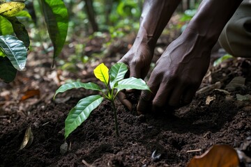 Gros plan sur des mains plantant soigneusement un jeune arbre dans le sol, reforestation 