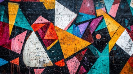 Graffiti wall with chaotic geometric shapes, bold colors
