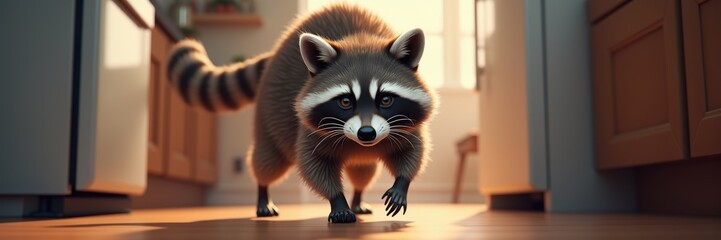 A charming raccoon exploring a cozy kitchen, perfect for illustrating themes of curiosity, nature, or wildlife in a home setting.