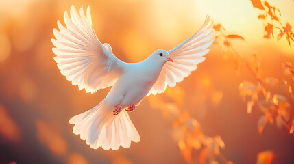 A majestic white dove soaring gracefully in a vibrant sunset, symbolizing peace and freedom.