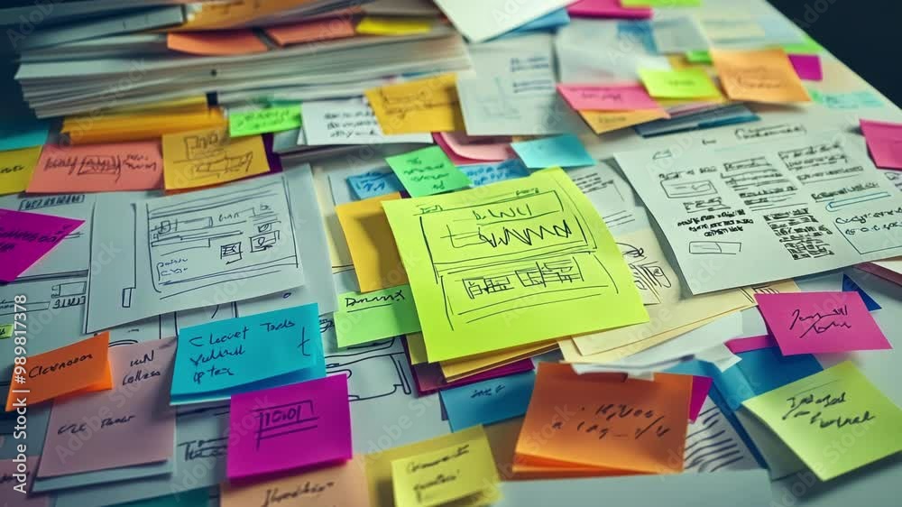 Aufkleber camera moving over a table covered with colorful sticky notes and sketches showing the design proces