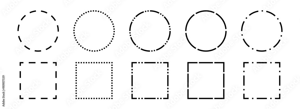 Poster Black dashed frames collection. Dashed outline circle and square borders set. Outline cut out element design bundle for poster, banner, flyer. Geometric dotted rectangular and round shape pack. Vector