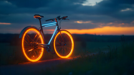 Fototapeta premium A bicycle with glowing orange wheels parked on a path during a picturesque sunset, showcasing vibrant colors and serene surroundings.
