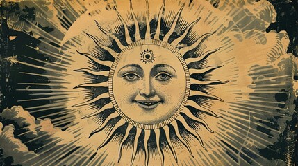 Fototapeta premium Esoteric Vintage Illustration Featuring a Joyful Smiling Sun