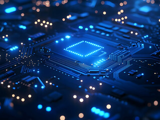 Obraz premium Close-up view of a blue glowing circuit board showcasing electronic components and intricate patterns.