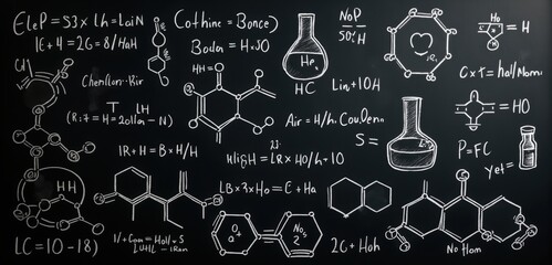 A chalkboard filled with chemical equations and molecular structures, ideal for educational materials in chemistry, science classes, or research presentations.