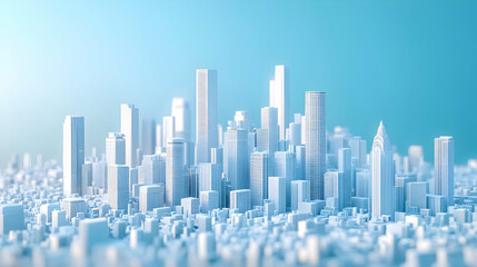 Naklejka premium A futuristic skyline with skyscrapers and buildings in a vibrant blue atmosphere.