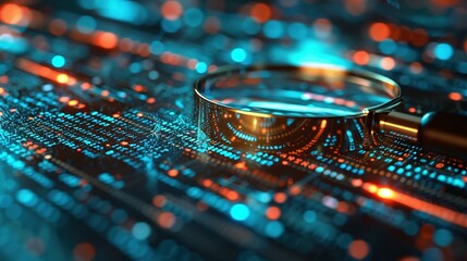 Magnifying Glass on Document in Abstract Technological Atmosphere: Symbolizing Scrutiny and Protection in IT Security Risk Assessment