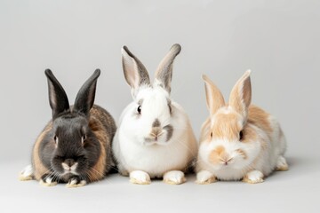 Obraz premium Three domestic rabbits resting comfortably on a white background with soft shadows in a minimalist studio setting
