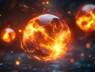 Obraz premium A glowing orb of molten lava energy swirling with vibrant colors in a cosmic setting.