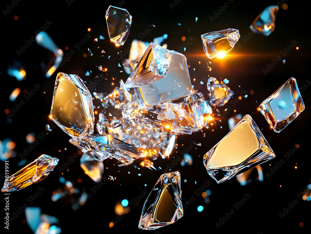 Poster exploding crystal shards with light reflections on a dark background, creating an enticing visual ef