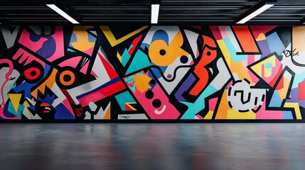 Minimalistic graffiti wall with bold symbols, clean geometric shapes