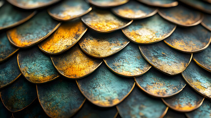 Close-up view of colorful textured scales, showcasing vibrant hues of blue, green, and orange, on a metallic surface.
