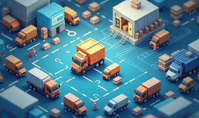 Fototapeta premium A vibrant, isometric view of a warehouse and logistics center, showcasing delivery trucks and goods in motion, perfect for transportation and supply chain illustrations.